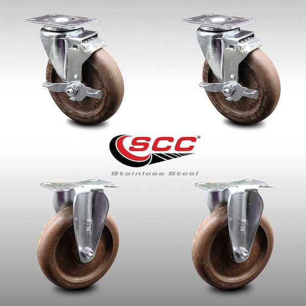 Service Caster 5 Inch SS High Temp Glass Filled Nylon Top Plate Caster Set with 2 Brake 2 Rigid SCC-SS20S514-GFNSHT-TLB-2-R-2 - main